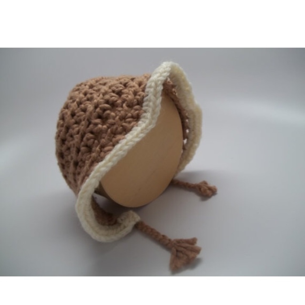 Beautiful baby bonnet, brown and cream, crocheted
